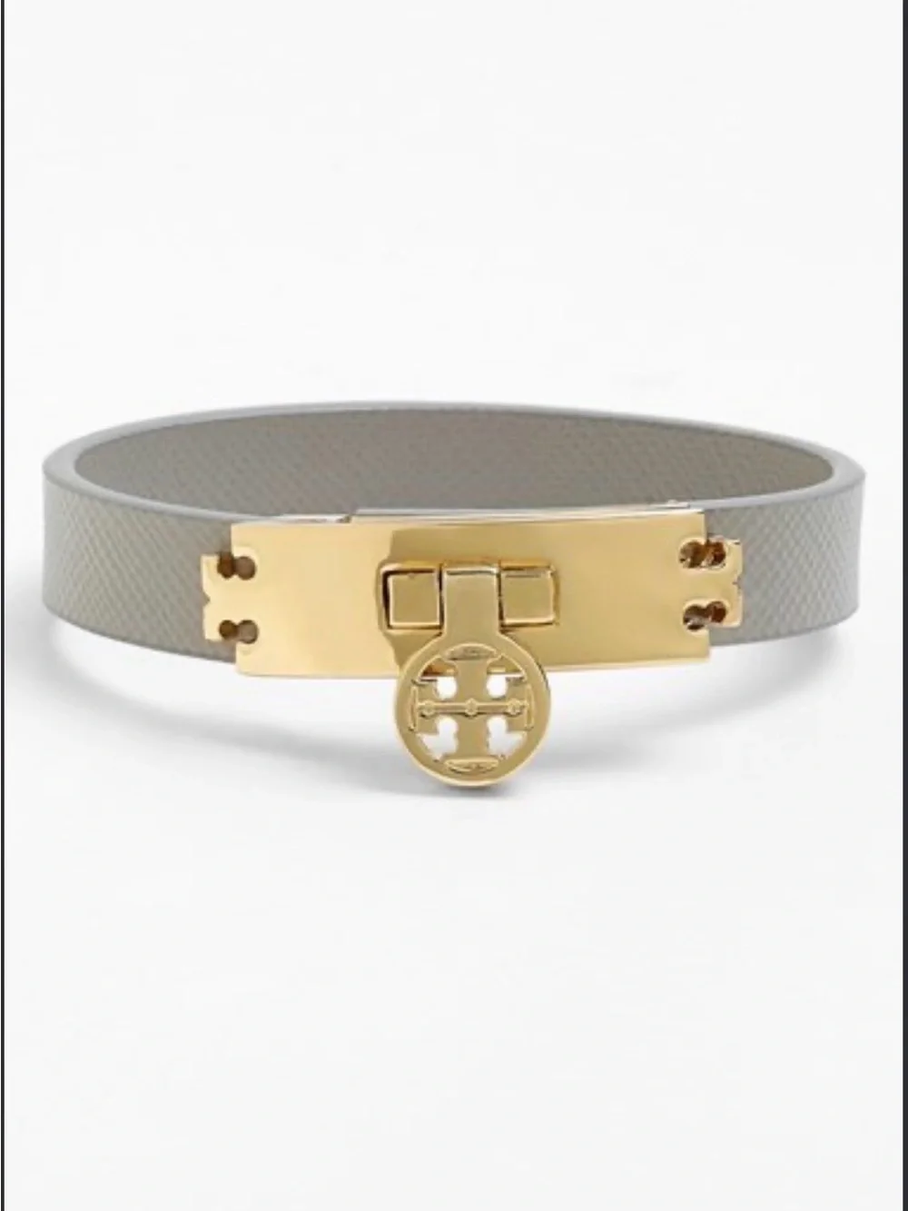 Tory Burch Gray Leather Bracelet with Gold Logo Plate